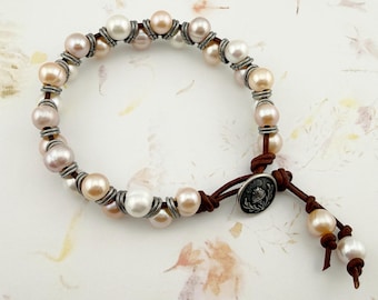 Chevron, Pearl and Leather Bracelet With Antique Silver Button Clasp