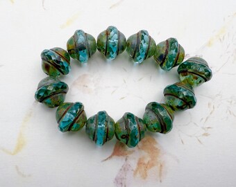 Saturn Beads, 10x12mm, Sky Blue with Picasso Finish, 12 Beads per Strand, Unique Faceted Ring Around the Center of the Bead