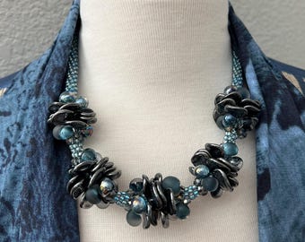 Beaded Kumihimo Statement Necklace, Measures 20 Inches and Finishes with an Antique Silver Magnetic Clasp and Coordinating End Caps