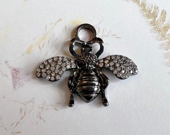 French Bee Large Charm or Pendant, CZ Micro Pave French Bee, Gunmetal Finish, 33mm x 39mm