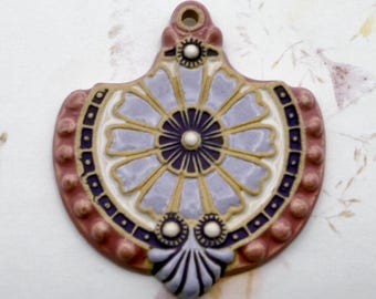 Baroque Flower in Purple and Pink , Stoneware Pendant Bead, Artisan Stoneware Pendant Beads, Large Glazed Stoneware Pendant
