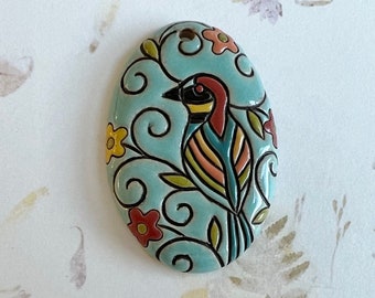 Colorful Bee-Eater Bird Pendant, Long Oval Stoneware Pendant, Golem Design Studio Beads