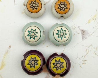 Set of 2, Hand Carved Star Stoneware Beads, Small Lentil Shaped Beads