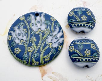 New!  3 Piece Set, White Tulips on Blue Clay with Coordinating Lentil Shaped Beads, Hand Carved Glazed Beads, Mixed Technique Application