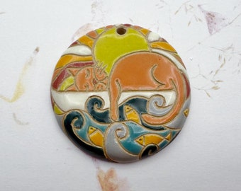 Dreaming Cat Pendant, Large Round Pendant, Carved Stoneware Pendant, Stoneware Pendant, Dreaming Cat in the Sunshine with Fish Pendant