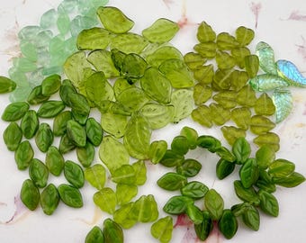 A Bundle of Czech Glass Green Leaves, Transparent, Frosted and Etched (130 Beads)