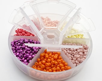 3mm Czech Glass Seed Bead Color Palette In Six Colors, Segmented Storage Container Included, Opaque Colors, 300 Seed Beads Per Color