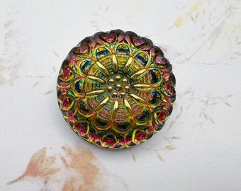 Crown Design, 25mm Round Button, Volcano with Gold Accents, Shank Button, Czech Glass Buttons