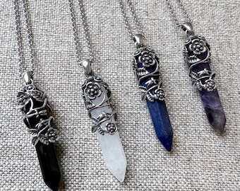 Gemstone Pendant Necklaces: Floral Design, Stainless Steel, 30 Inch