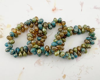 5x7mm Teardrop Beads, Pacific Blue, Transparent Glass and Mint with Picasso Finish, (50)