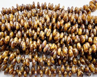 6mm Opaque Light Beige Picasso Czech Glass Lentil Beads, Top Drilled Lentil Beads, 50 Pieces Per Strand