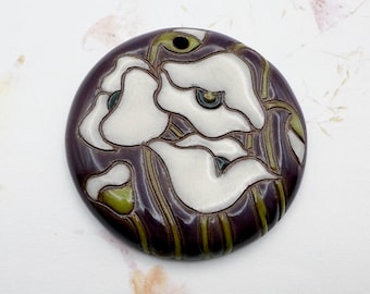White Poppies On A Purple Glazed Terracotta Background, Poppies Focal Bead, Large Pendant Bead, Golem Design Studio