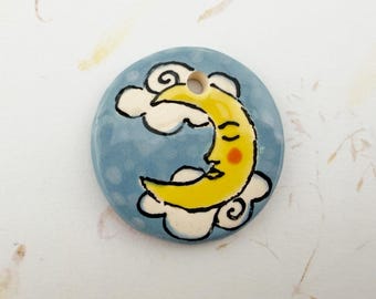 Crescent Moon, Small Pendant, Drawn, Painted and Hand Glazed Stoneware Pendant