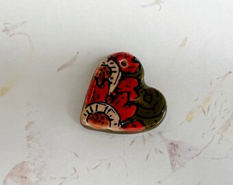 Handmade Stoneware Heart Pendant: Crazy Poppies Design, Bulgaria