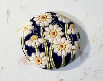 Large Round Daisy Pendant With Deep Blue Background And White, Yellow and Orange Daisies, Focal Bead, Pendant Bead, Golem Studio Designs