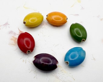 NEW!  Set of 6 Rainbow Glazed Almond Shaped Beads, Rainbow Colored Glazes on High Fired Stoneware, Medium Size Almond Shaped Beads