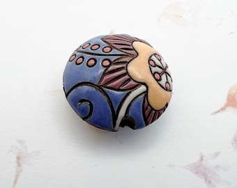 Cotton Flower With Blossoms And Petals, Terracotta Lentil Shaped Bead, Glazed And Hand Carved