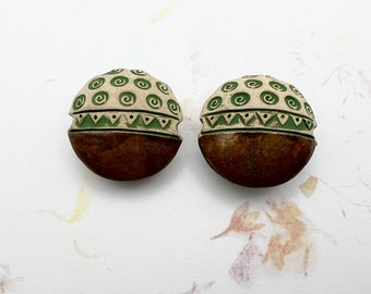NEW! Set of Two, Medium Lentil Shaped Beads, Hand Stamped and Glazed Stoneware Beads, Hand Crafted Artisan Stoneware Beads