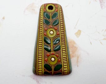 NEW! Sampler Spring Bloom on Terra Cotta, Long 42mm x Wide 22mm, Trapezoid Pendant, Carved, Stamped and Hand Glazed, Mixed Technique