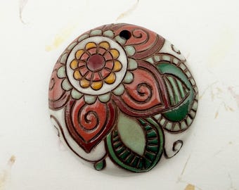 Paisley Mandala, Terracotta Artisan Pendant,  white/coral/green round pendant