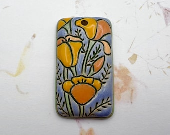 California Field Poppies, Poppies Stoneware Rectangular Pendant, California Orange Poppies Pendant, Poppies Pendant