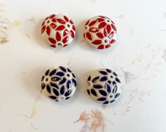 One, Petal Flowers in Bloom, Lentil Shaped Stoneware Beads, Really Red or Deep Blue