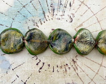 Leaf Green Borosilicate Glass Beads, Dichroic Shimmer, Green and Golden Tones, Set of 5