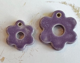 A Set Of Two Purple Hex Flower Pendants, Small is 28mm, Large is 38mm, Purple Glazed Stoneware Hex Flowers
