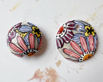 Handmade Floral Stoneware Bead, Lentil Shaped, Artisan Ceramic Pendant