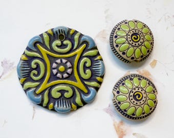Hand Carved Stoneware Compass Pendant and Lentil Beads, Blue Grape