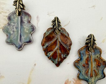 Falling Leaf Ceramic Pendants with Antique Brass Leaf Pinch Bail