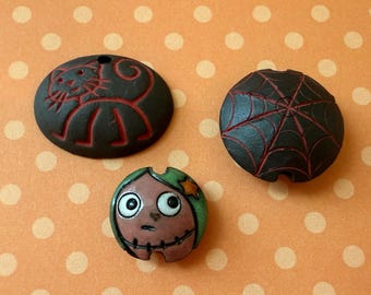 Set of 3 Orphaned Beads, Black Clay Beads, Spooky Beads, Spider Web Bead, Stick Cat Bead and Cute Scarecrow Girl Bead