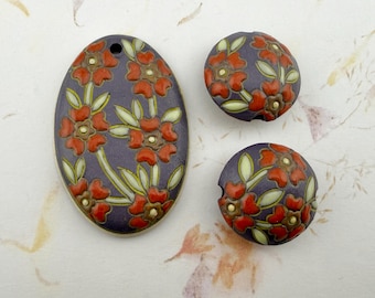Red Heart Flower Oval Pendant On Purple Clay Stoneware with Accent Beads