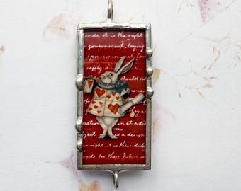 White Rabbit and Alice Pendant, Mixed Media Pendant, Two Sided Design