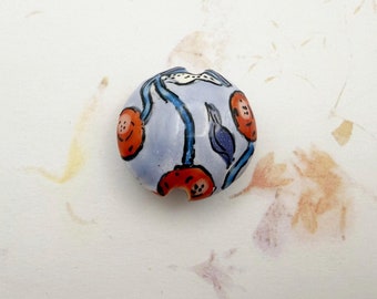 Cherries, Lentil Shaped Ceramic Bead, Hand Crafted Artisan Beads