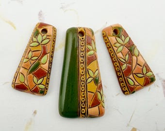 Trapezoid Stoneware Pendant Set, Stamped Glazed Clay Beads