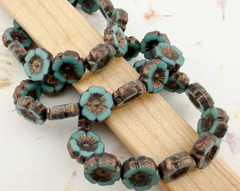 Hibiscus Flower Beads, 12mm, Tea Green with Bronze, 12 Per Strand