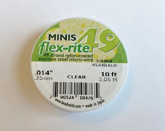 Minis Flex-Rite Clear Beading Wire, 49 Strand Nylon Coated Stainless Steel Micro Wire, .014 Inch, 10 Foot Roles, Made In Japan