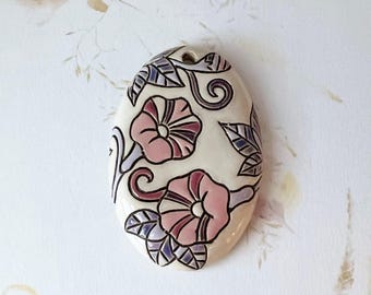 Morning Glory Oval Pendant, Stoneware Morning Glory Oval Pendant by Golem Design Studio Beads, Large Oval Pendant