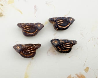 Indigo Bird Bead: Matte Pressed Glass with Copper Wash (11x22mm)