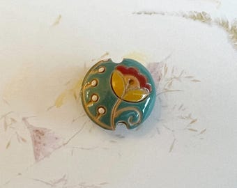 Sampler Styled Stoneware Flower Bead, Stoneware Lentil Shaped Bead, Small Hand Carved Lentil Bead, Large Hole Bead