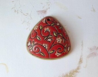 Flowers and Vines on Tuscany Red, Rounded and Domed, Triangle Stoneware Pendant, Golem Design Studio