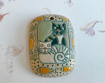 Family Cats with Fish, Rectangular Pendant, Hand Carved Stoneware Pendant, Golem Design Studio