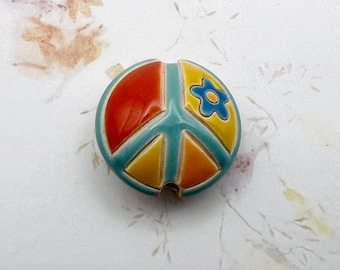 Multi Colored With Blue Flower and Light Blue Peace Sign Bead, Artisan Focal Bead Grouping, Summer Of Love, Medium Lentil
