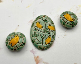 New!  Little Birds Large Oval Pendant with Coordinating Lentil Shaped Beads, 3 Piece Set, Hand Carved and Hand Glazed Stoneware Bead Set