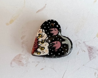 Handmade Stoneware Heart Pendant: Polka Dot Design, Bulgaria