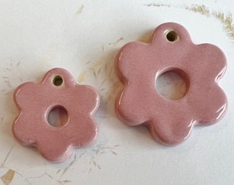 A Set Of Two Pink Hex Flower Pendants, Small is 28mm, Large is 38mm, Pink Glazed Stoneware Hex Flowers