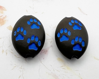 NEW!  Set of Two Beads, Paw Stamped and Pigment Rubbed Almond Shaped Beads, 2 Sided Design, Golem Design Studio, Black Clay Beads