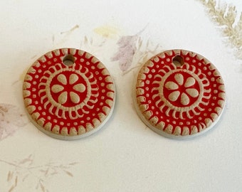 Stoneware Beads Decorated with Hand Crafted Medallion Stamp with Pigment Rubbed into the Surface, Set of Two Beads, Glazed Reverse Side