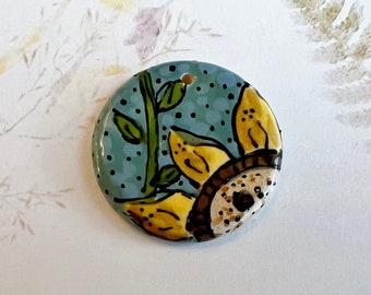 Sunflower In Blue Sky by Damyanah Studio, Small Pendant, Hand Painted and Hand Glazed Stoneware Pendant